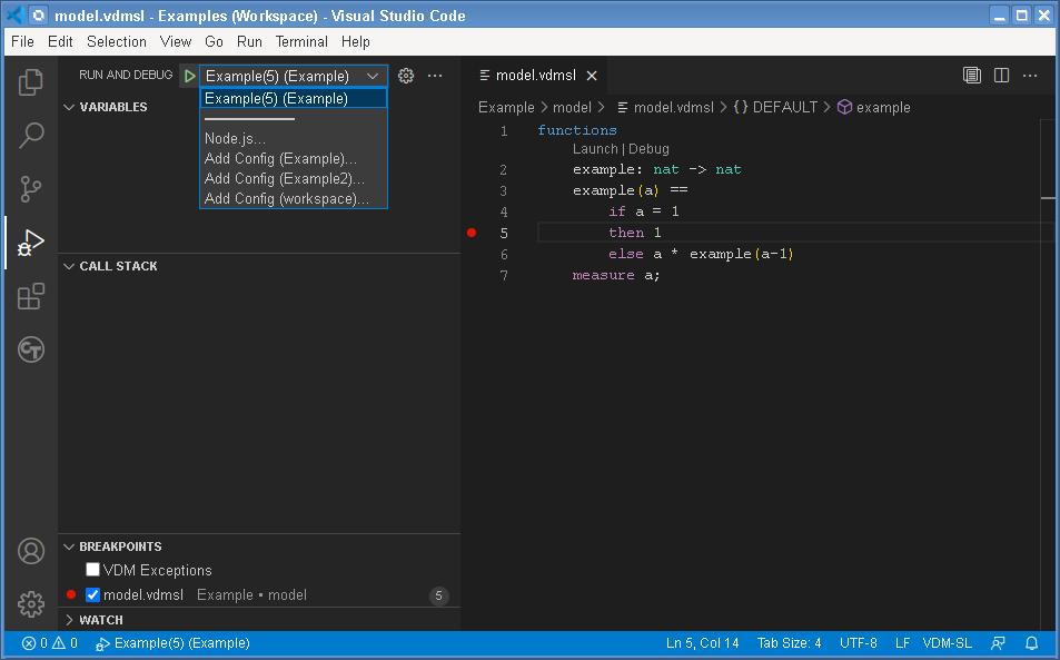Debugging Example Menu